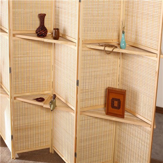 パーテーション 天然木フレーム編み込み棚付き六連折りたたみ衝立