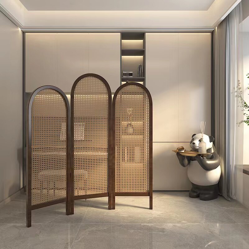 パーテーション 天然木フレーム三連アーチ型編み込みパーテーション