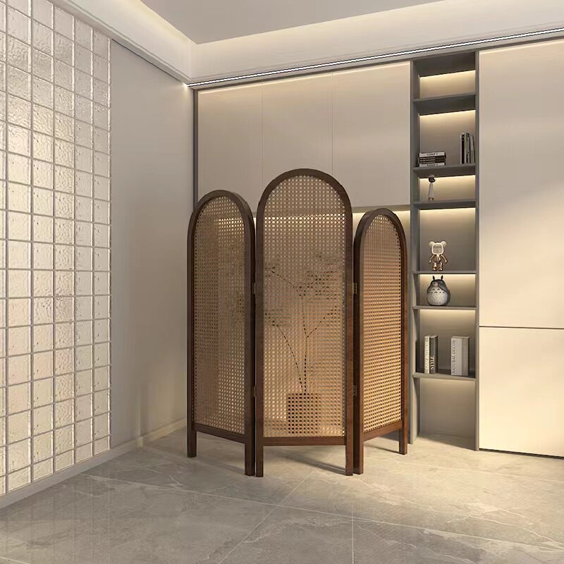 パーテーション 天然木フレーム三連アーチ型編み込みパーテーション