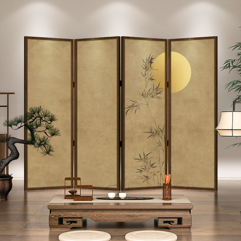 パーテーション 和風竹月図四曲木製衝立