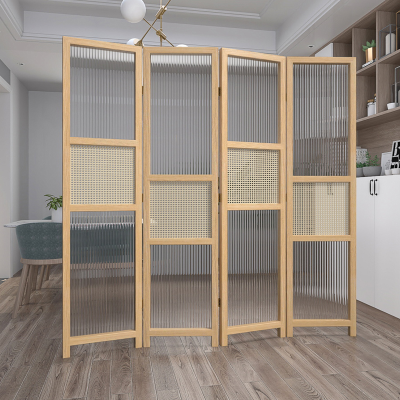 パーテーション 縦溝模様ガラスと編み込み装飾の四連折り畳み式間仕切り