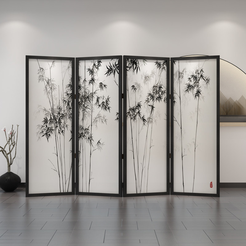 パーテーション 竹林水墨画風木製折りたたみ式間仕切り衝立