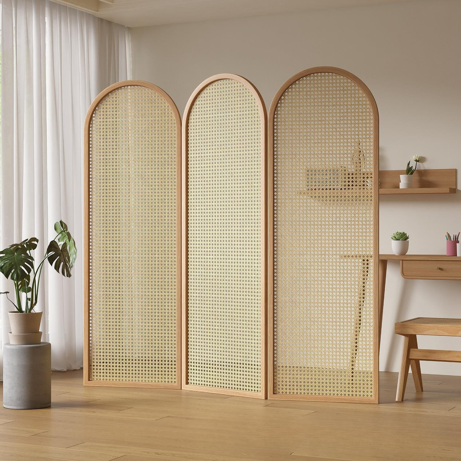 パーテーション アーチ型籐編み木製間仕切り三連衝立