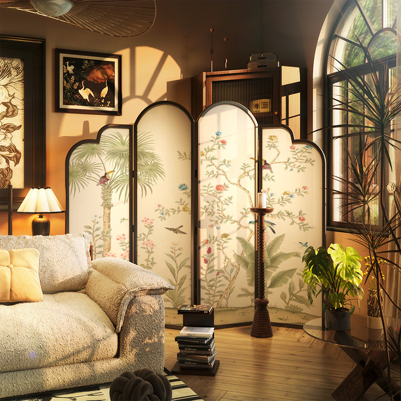 パーテーション 花鳥風月木製アーチ型三連装飾パーテーション