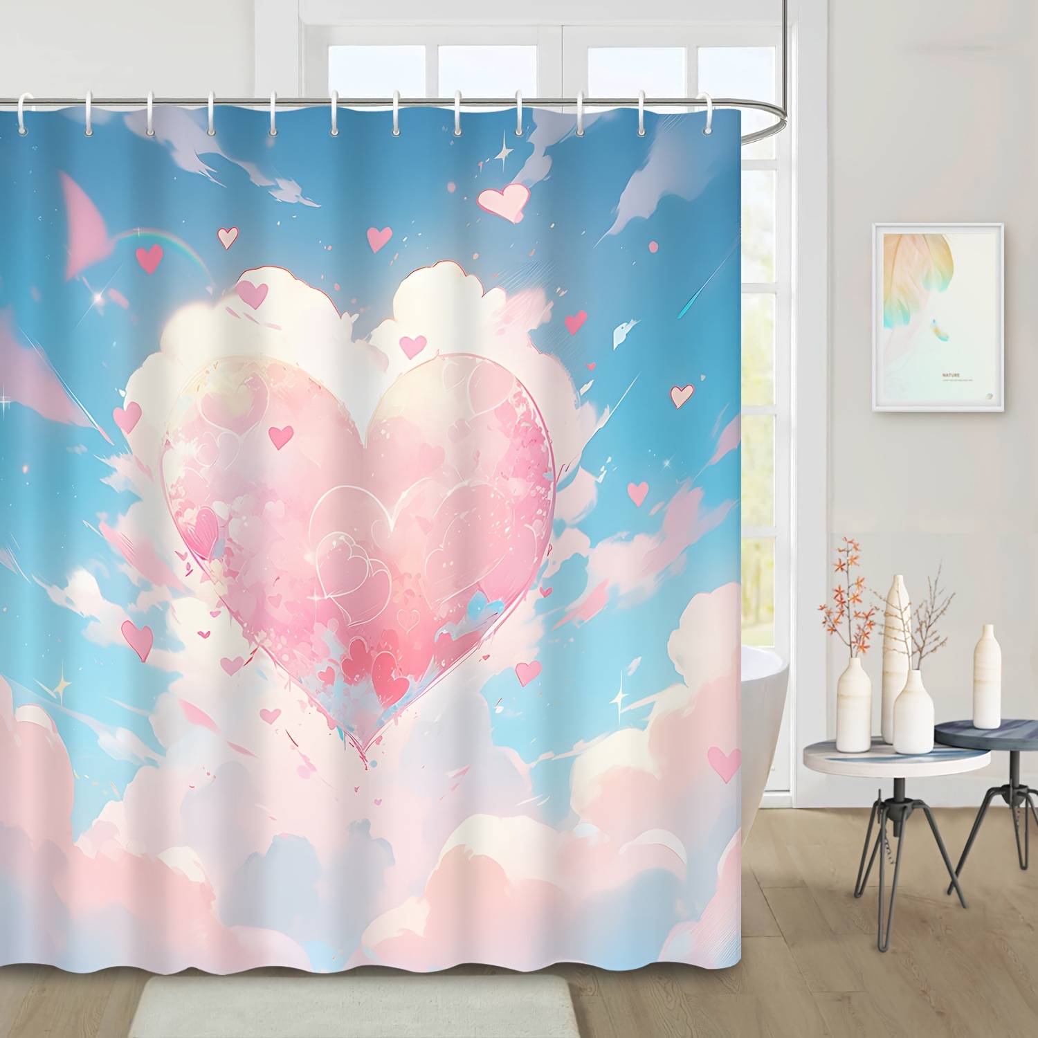  雲とハート柄パーテーション用防水カーテン