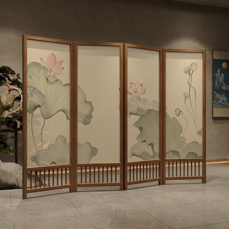 パーテーション 蓮の花柄和風木製四連衝立