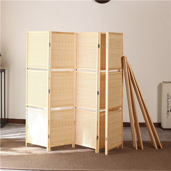 パーテーション 天然木フレーム編み込み棚付き六連折りたたみ衝立