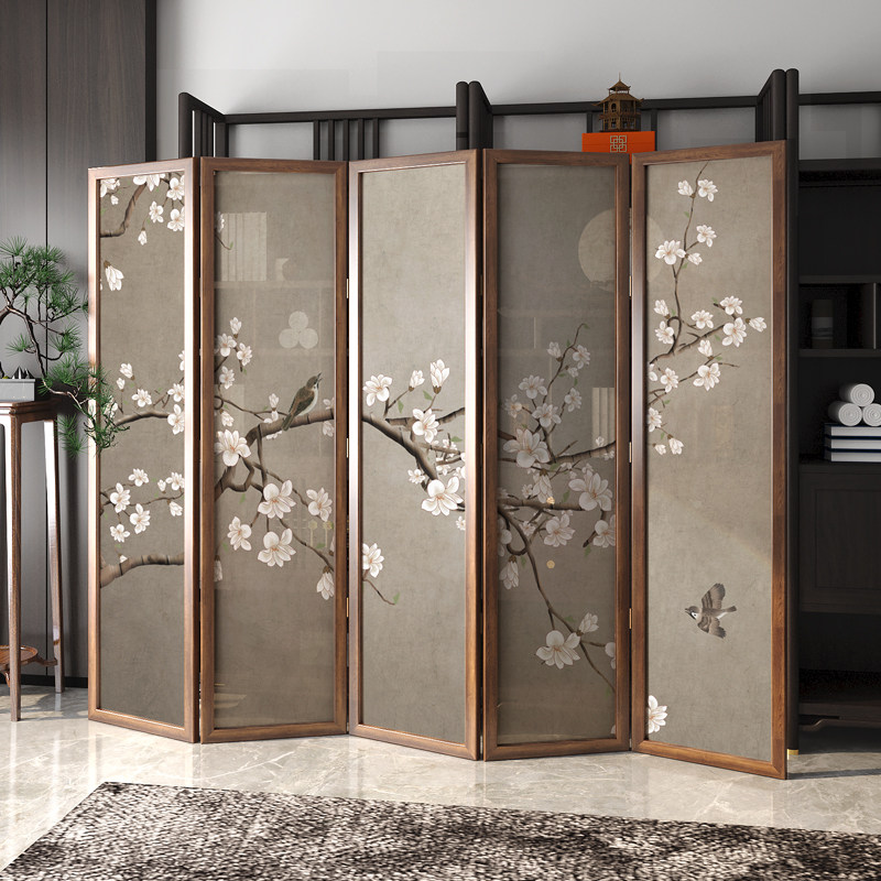 パーテーション 桜花鳥図五連木製間仕切り屏風