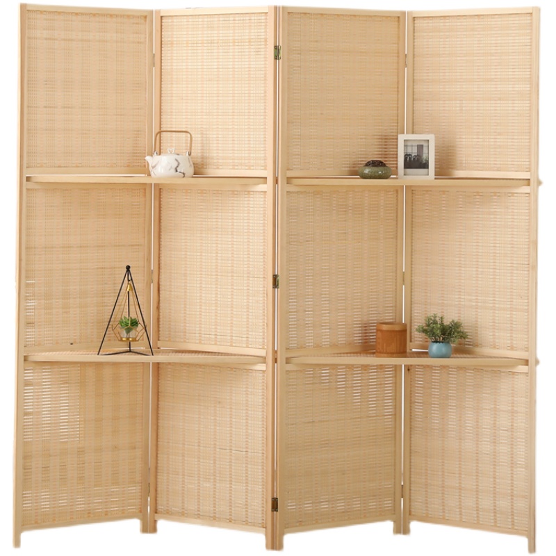 パーテーション 木製四連折りたたみ式収納棚付き間仕切り