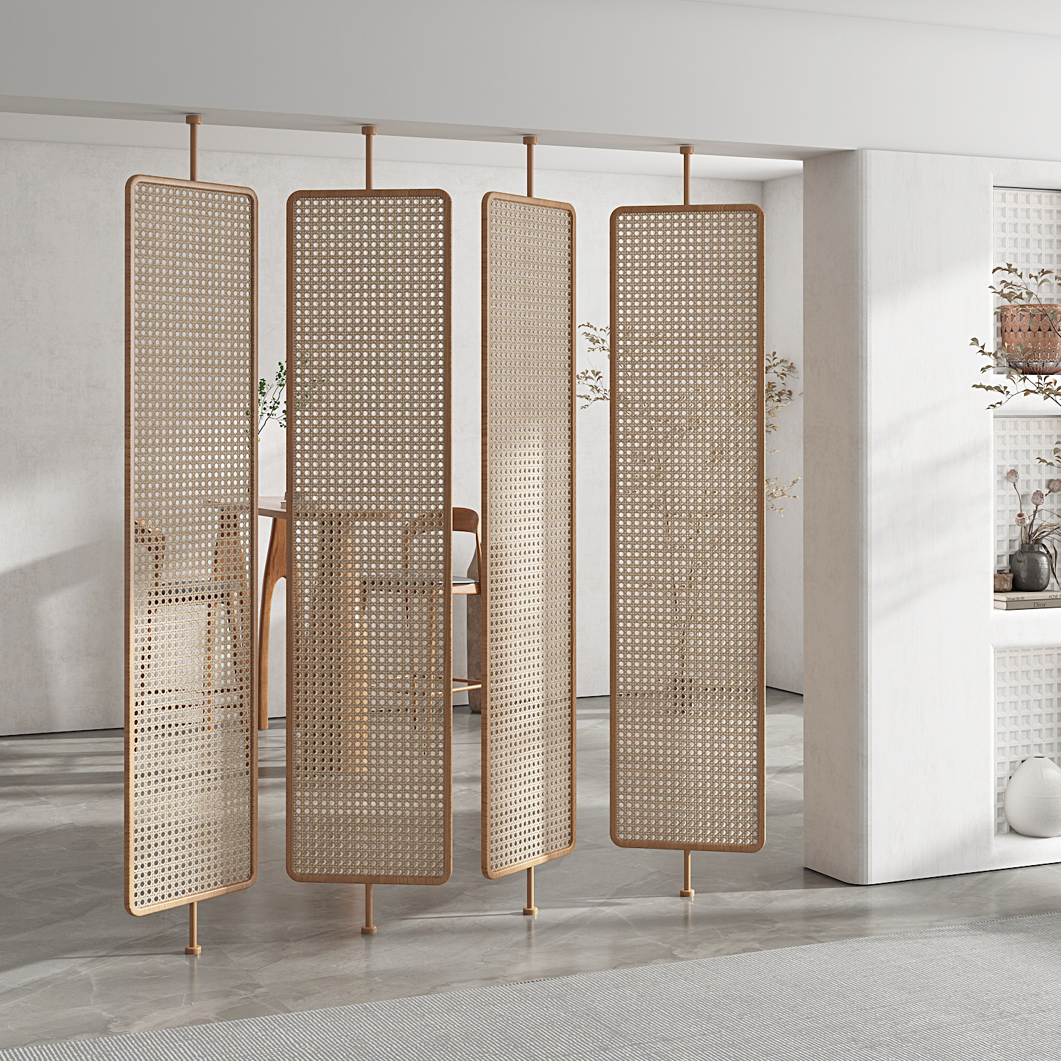 パーテーション 籐編み天井突っ張り式間仕切りパネル四連