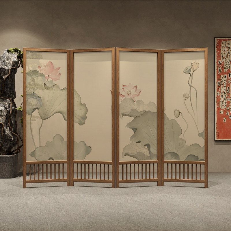 パーテーション 蓮の花柄和風木製四連衝立