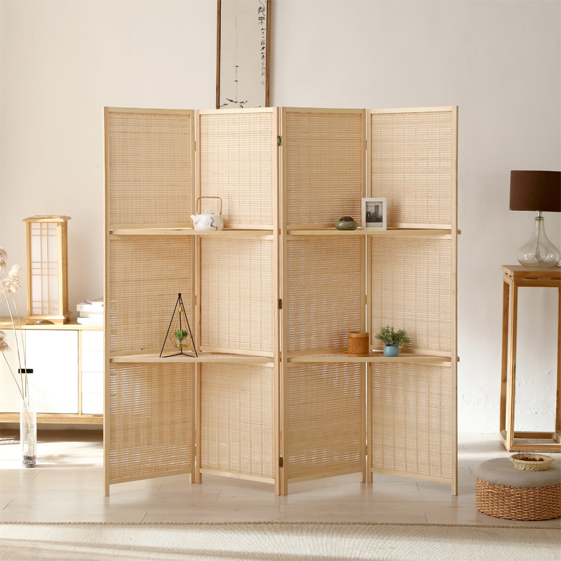 パーテーション 木製四連折りたたみ式収納棚付き間仕切り