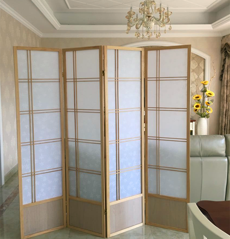 パーテーション 和風格子デザイン四曲木製折りたたみ間仕切り