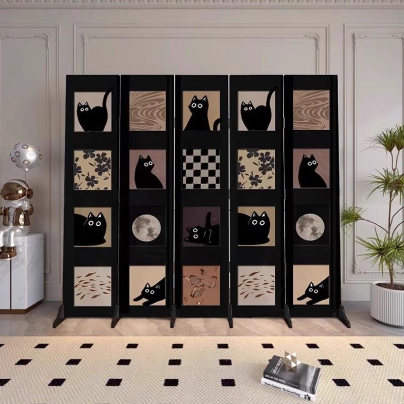パーテーション 黒猫と月夜のデザイン四連折りたたみ式間仕切り