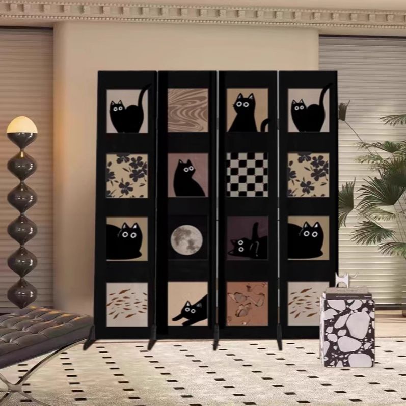 パーテーション 黒猫と月夜のデザイン四連折りたたみ式間仕切り