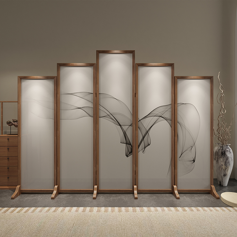 パーテーション 木枠墨絵風草模様五連衝立パーテーション