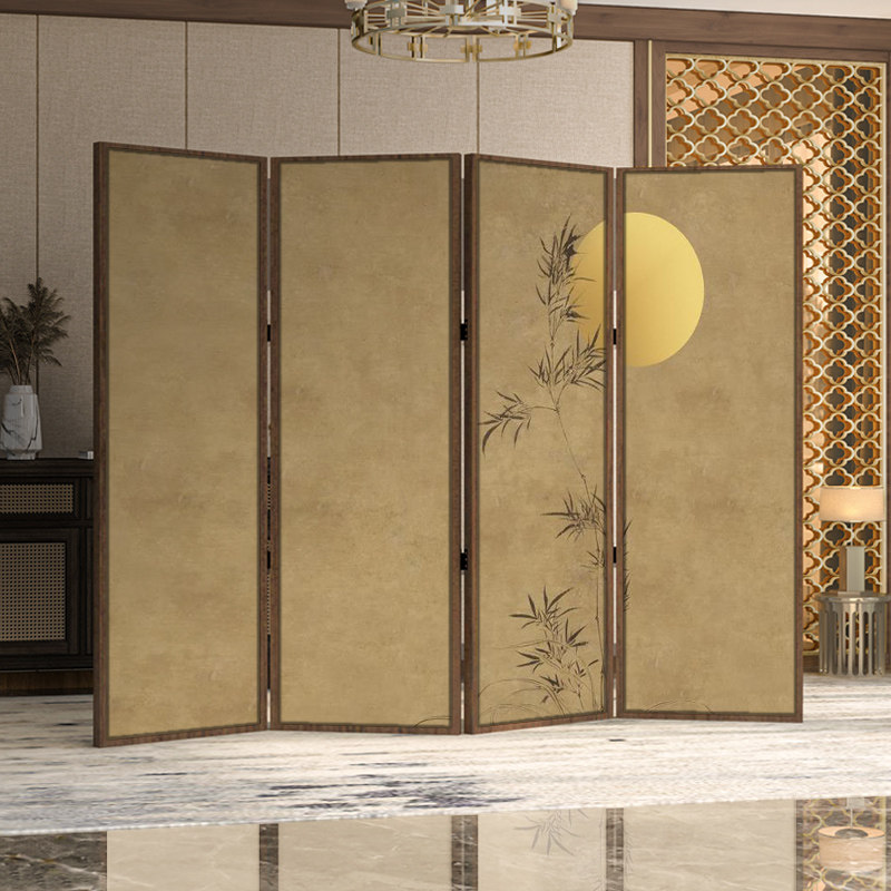 パーテーション 和風竹月図四曲木製衝立