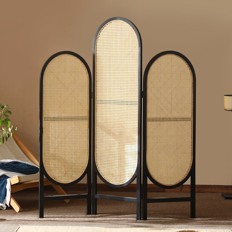 パーテーション 木製枠籐編み三連アーチ型自立式間仕切り