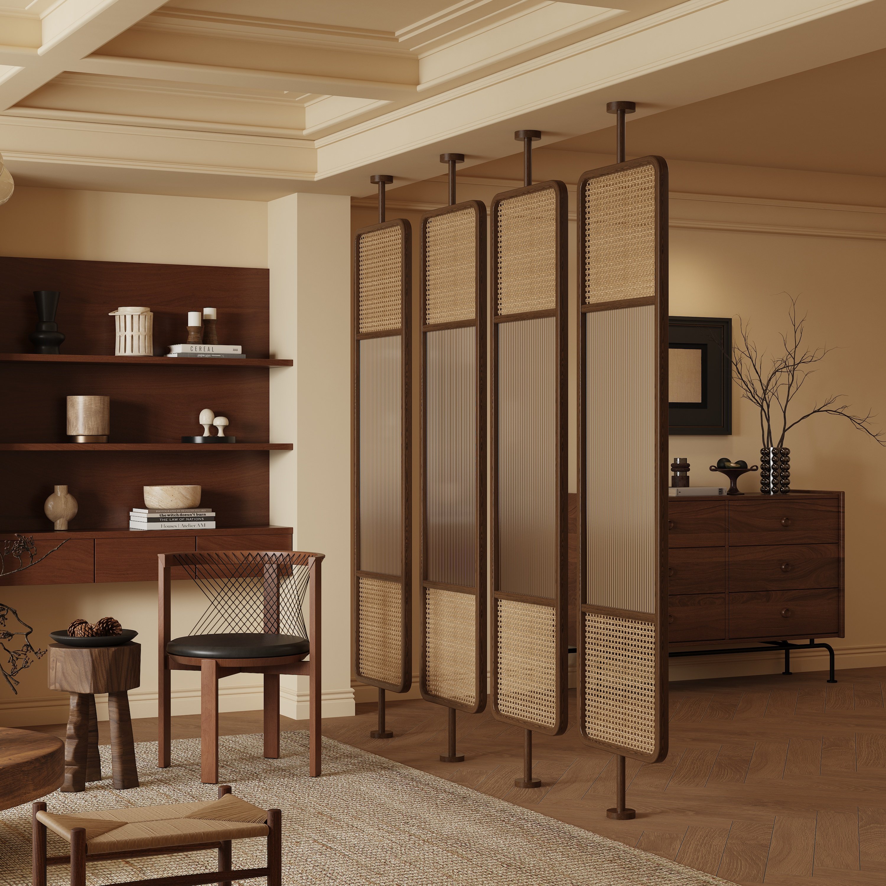 パーテーション 籐編みと型板ガラス組合せ突っ張り式間仕切り