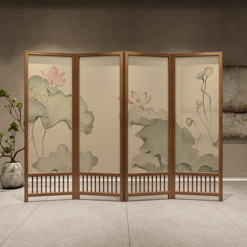 パーテーション 蓮の花柄和風木製四連衝立