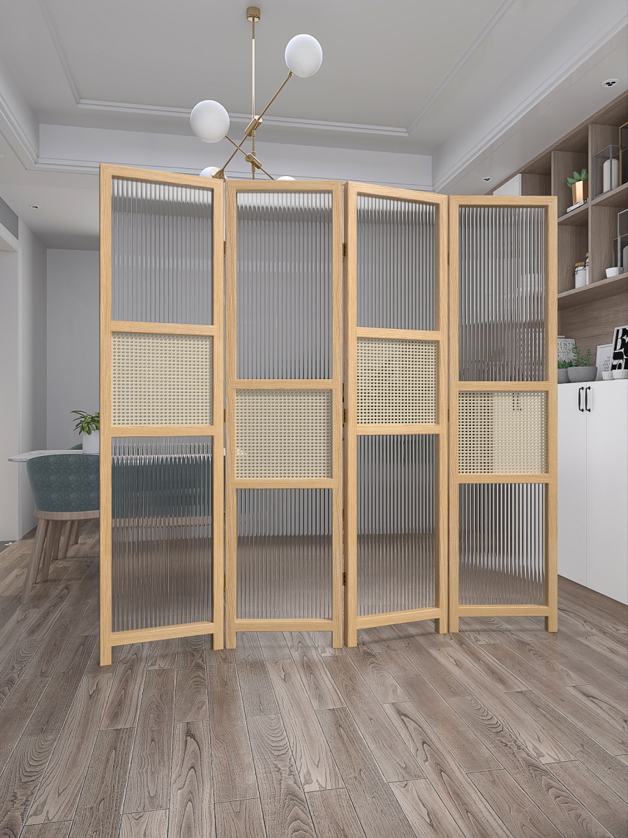 パーテーション 縦溝模様ガラスと編み込み装飾の四連折り畳み式間仕切り