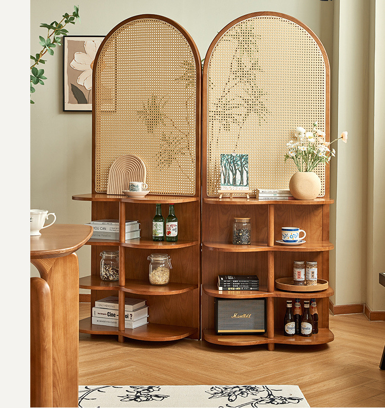 パーテーション アーチ型籐編み木製パーテーション棚付き間仕切り