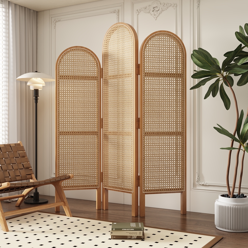 パーテーション 天然木フレーム籐編み三連折りたたみ式間仕切り