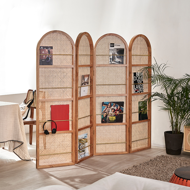 パーテーション 木製フレーム籐編み四連折りたたみ式間仕切り
