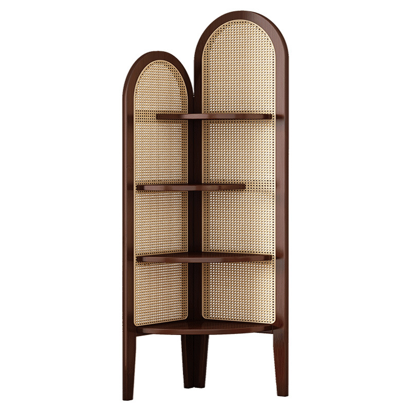 パーテーション 天然木とラタン編みのアーチ型コーナー収納棚