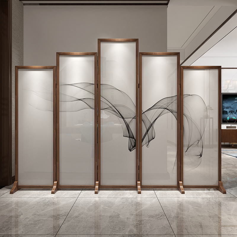 パーテーション 木枠墨絵風草模様五連衝立パーテーション