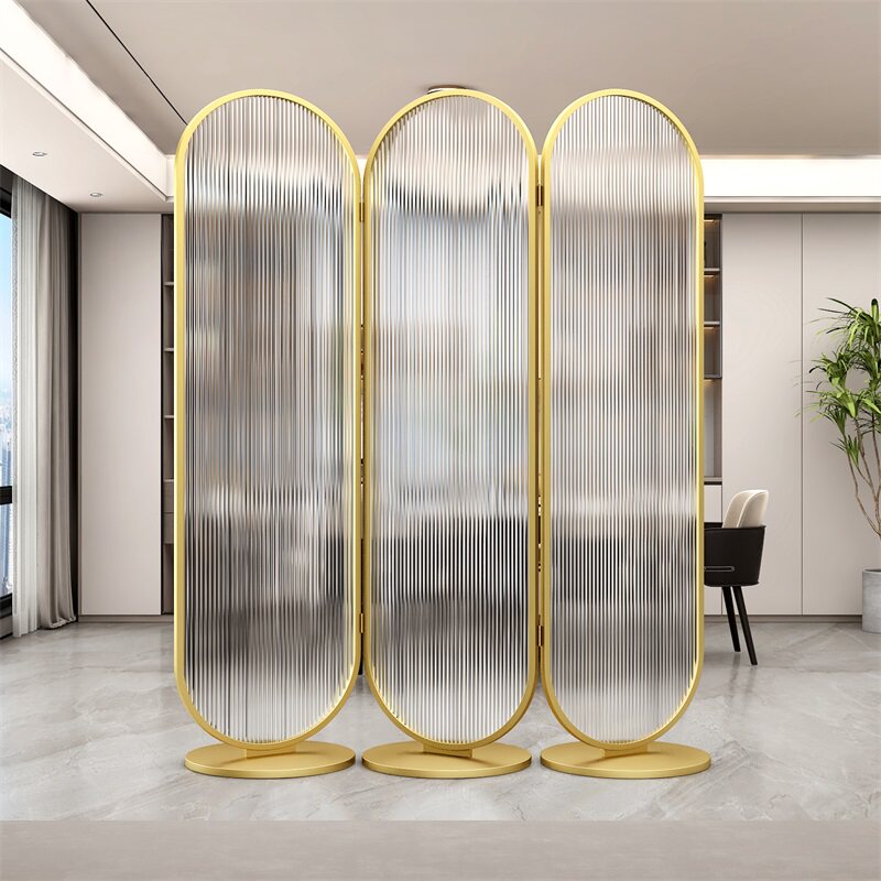 パーテーション 縦線模様ガラスアーチ型三連折りたたみ間仕切り