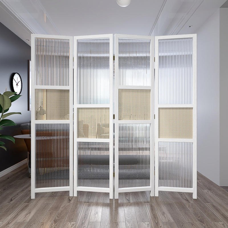 パーテーション 縦溝模様ガラスと編み込み装飾の四連折り畳み式間仕切り