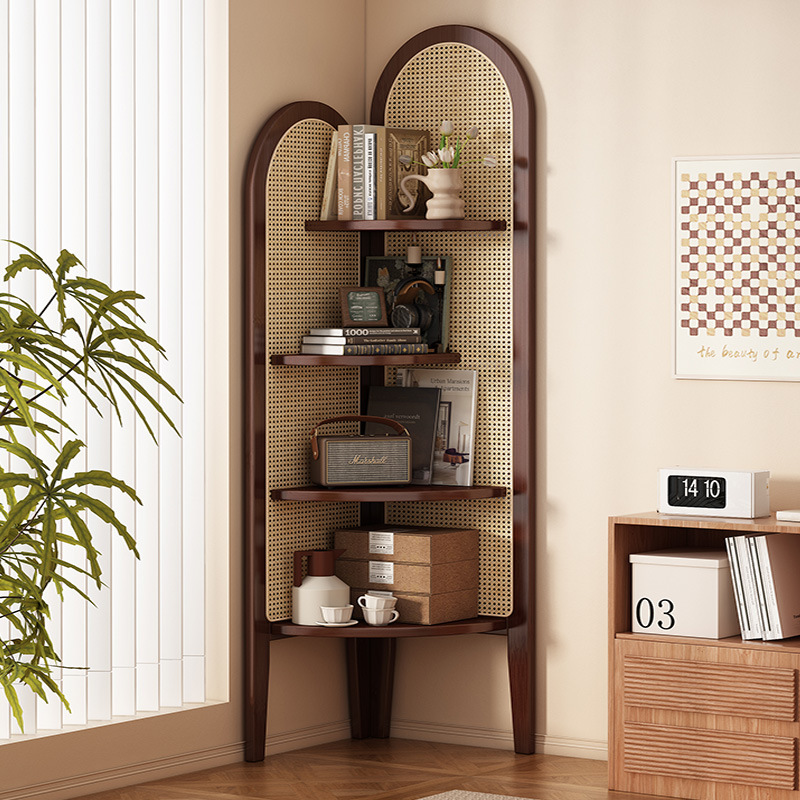 パーテーション 天然木とラタン編みのアーチ型コーナー収納棚