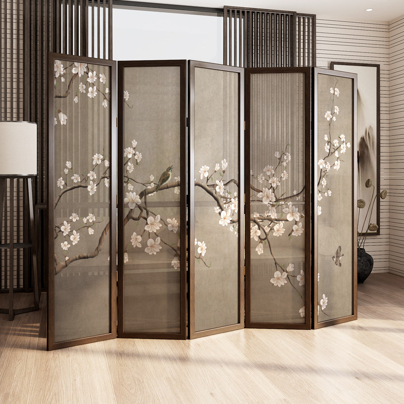 パーテーション 桜花鳥図五連木製間仕切り屏風