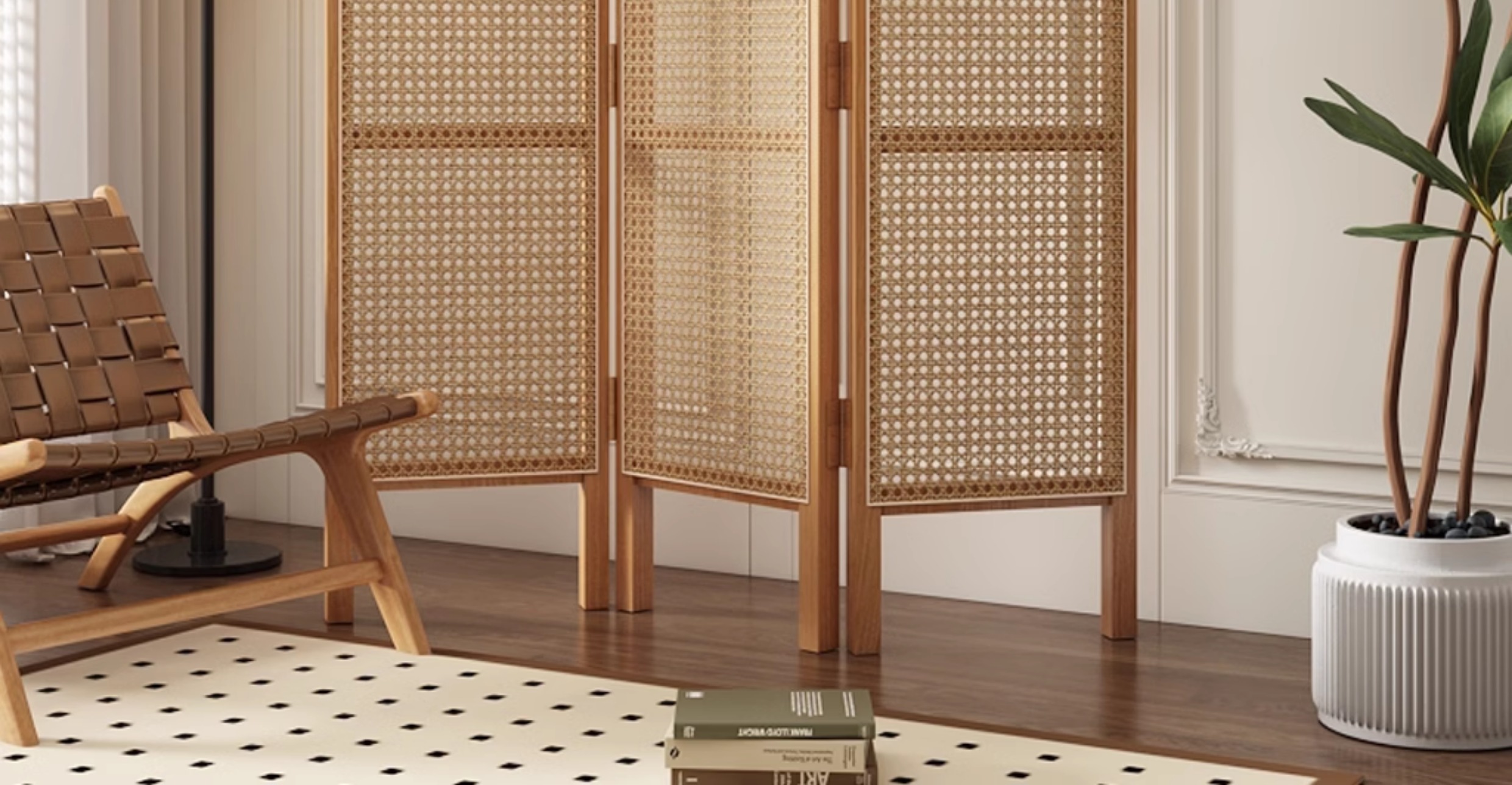 パーテーション 天然木フレーム籐編み三連折りたたみ式間仕切り