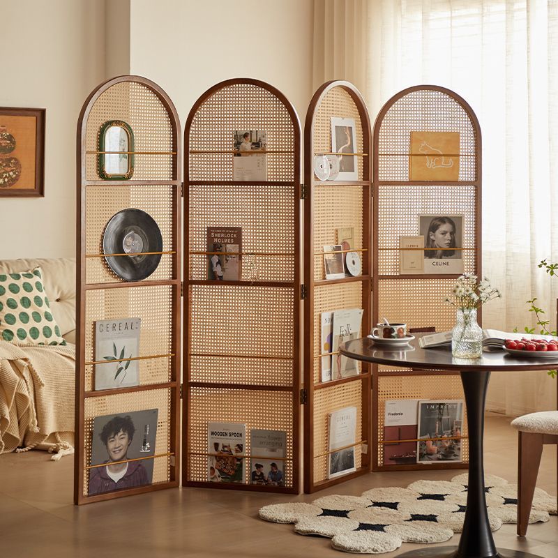 パーテーション 木製フレーム編み込み四連折りたたみ間仕切り棚