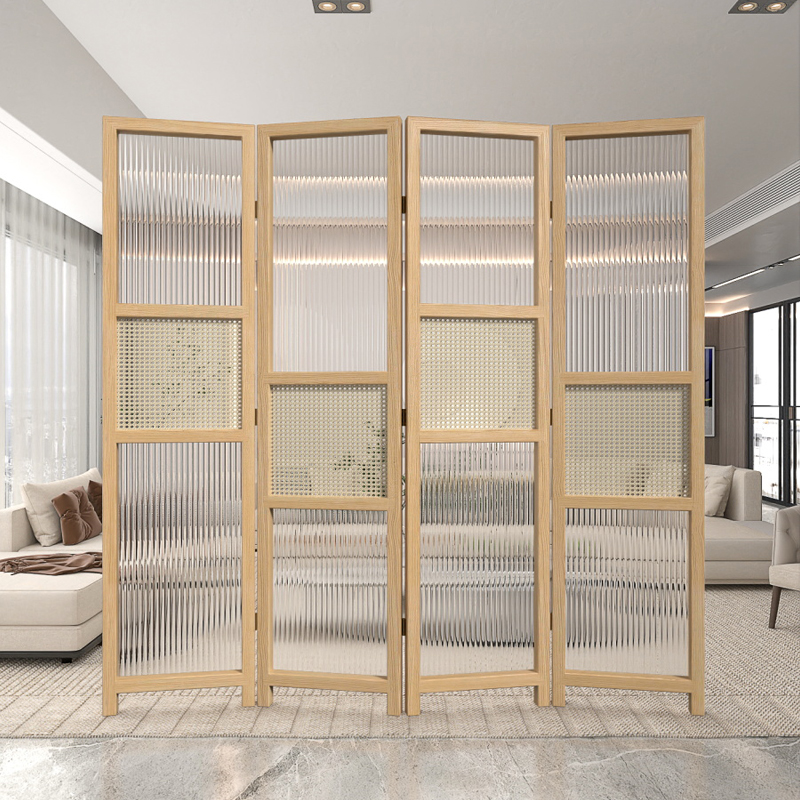 パーテーション 縦溝模様ガラスと編み込み装飾の四連折り畳み式間仕切り