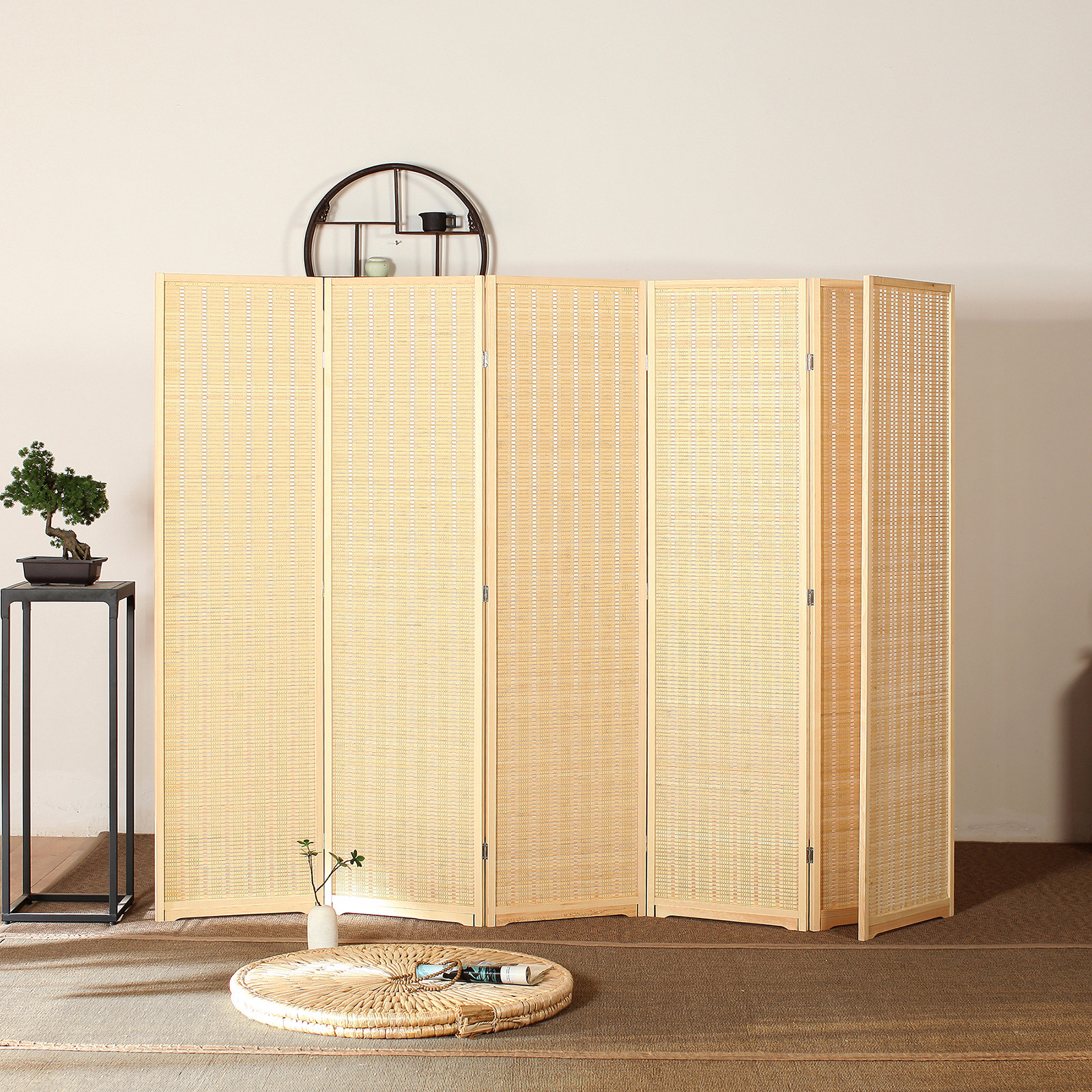 パーテーション 天然素材編み込み六連木製折り畳み間仕切り