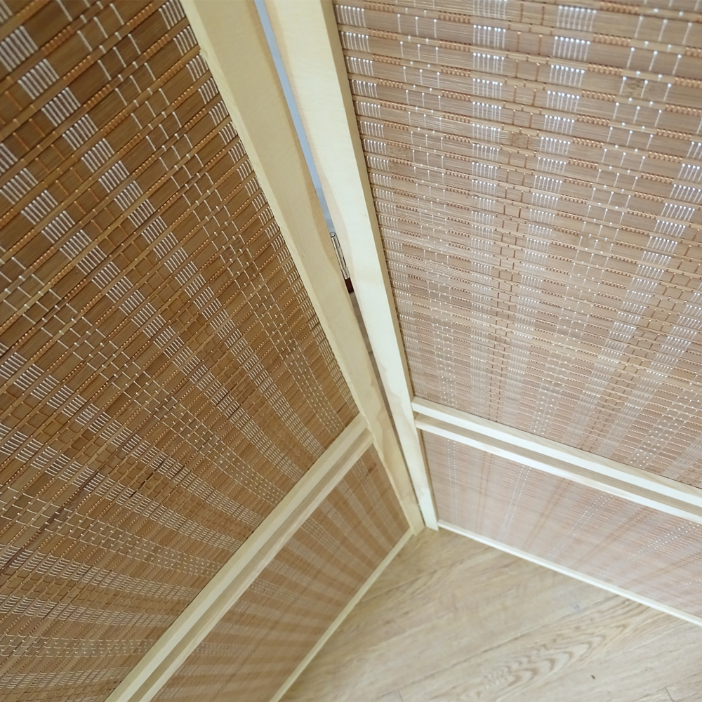 パーテーション 天然木枠編み込み棚付き四連間仕切り