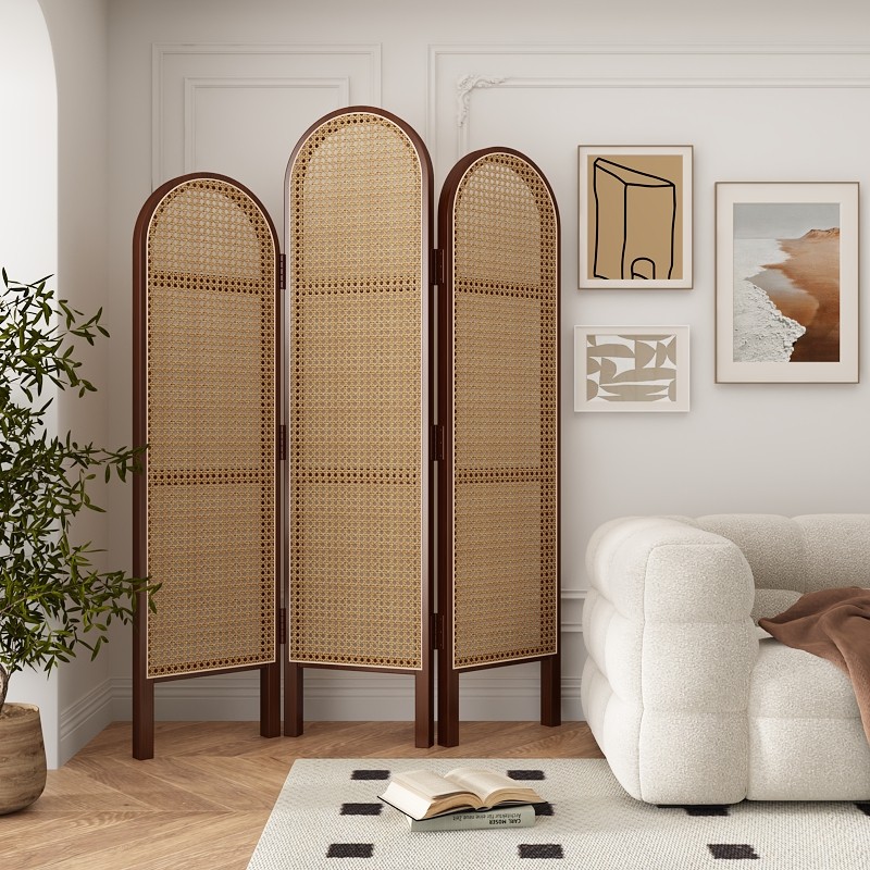 三連アーチ型籐編み木製パーテーション