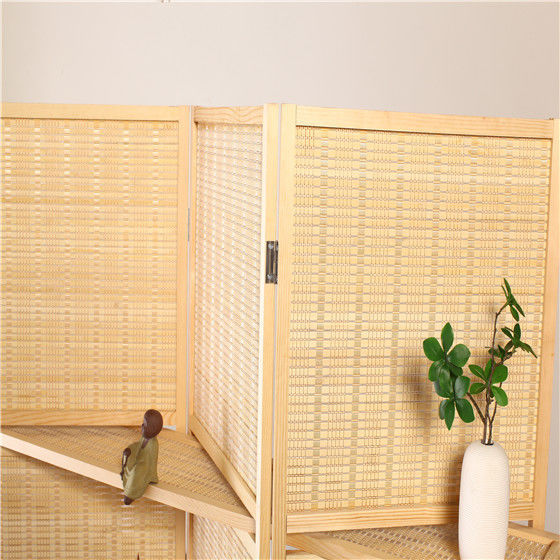 パーテーション 天然木フレーム編み込み棚付き六連折りたたみ衝立