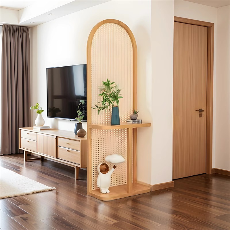 パーテーション アーチ型編み込み木製パーテーション棚付き