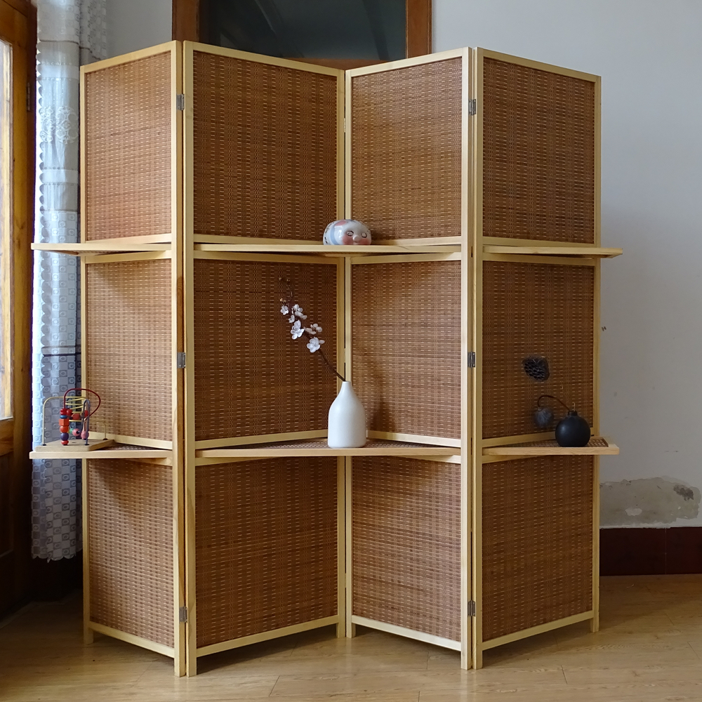 パーテーション 天然木枠編み込み棚付き四連間仕切り