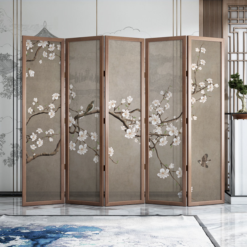 パーテーション 桜花鳥図五連木製間仕切り屏風