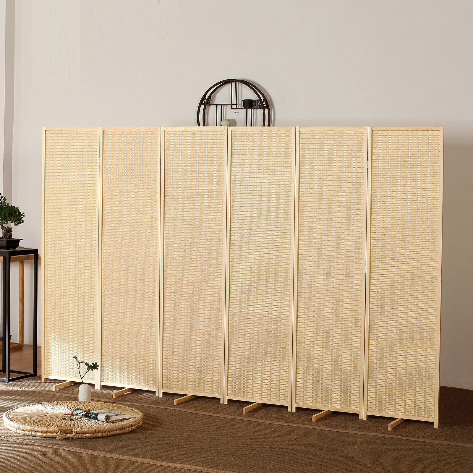 パーテーション 天然素材編み込み六連木製折り畳み間仕切り