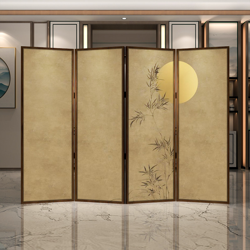 パーテーション 和風竹月図四曲木製衝立