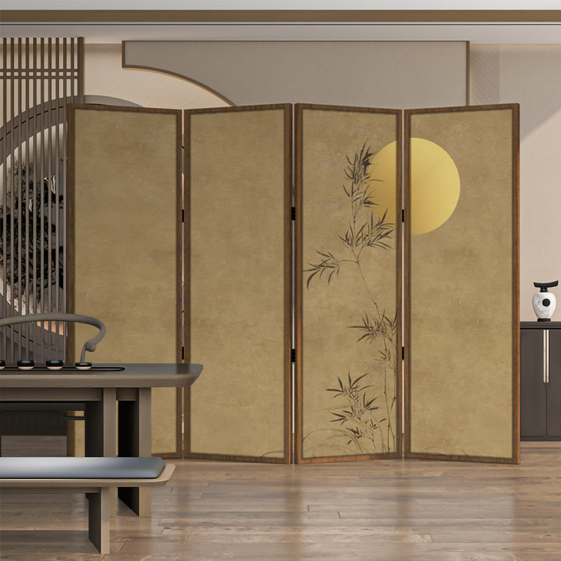 パーテーション 和風竹月図四曲木製衝立