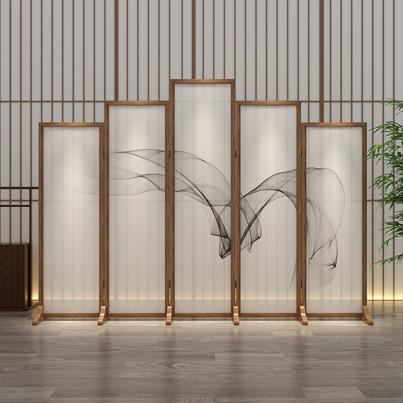 パーテーション 木枠墨絵風草模様五連衝立パーテーション