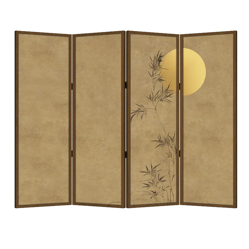 パーテーション 和風竹月図四曲木製衝立
