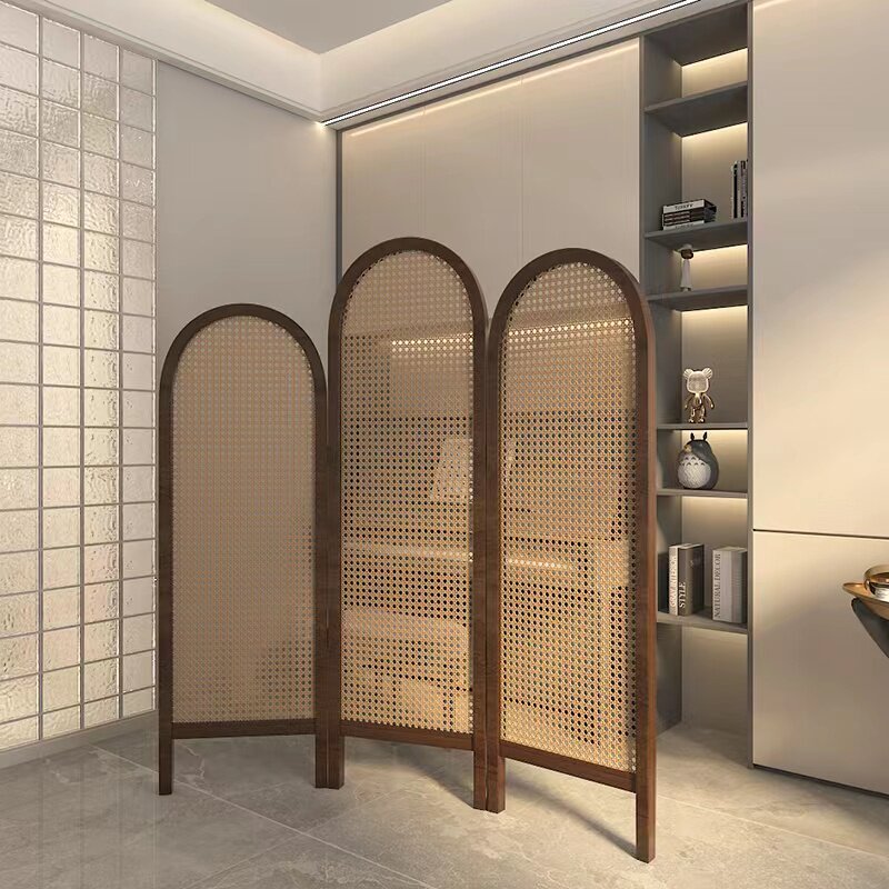 パーテーション 天然木フレーム三連アーチ型編み込みパーテーション